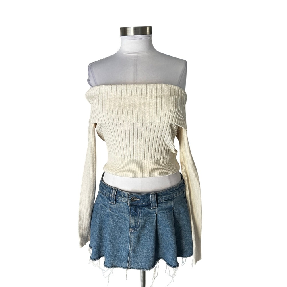 STR Teen Y2K Off Shoulder Sweater Large Cream Ribbed Knit